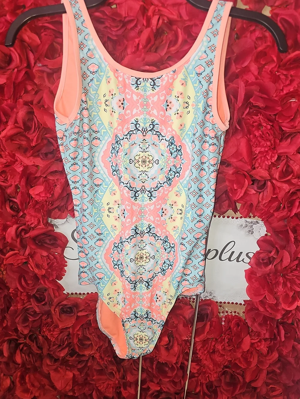 Justice Girls Coral and Light Blue Medallion One-Piece Bodysuit Size 14
